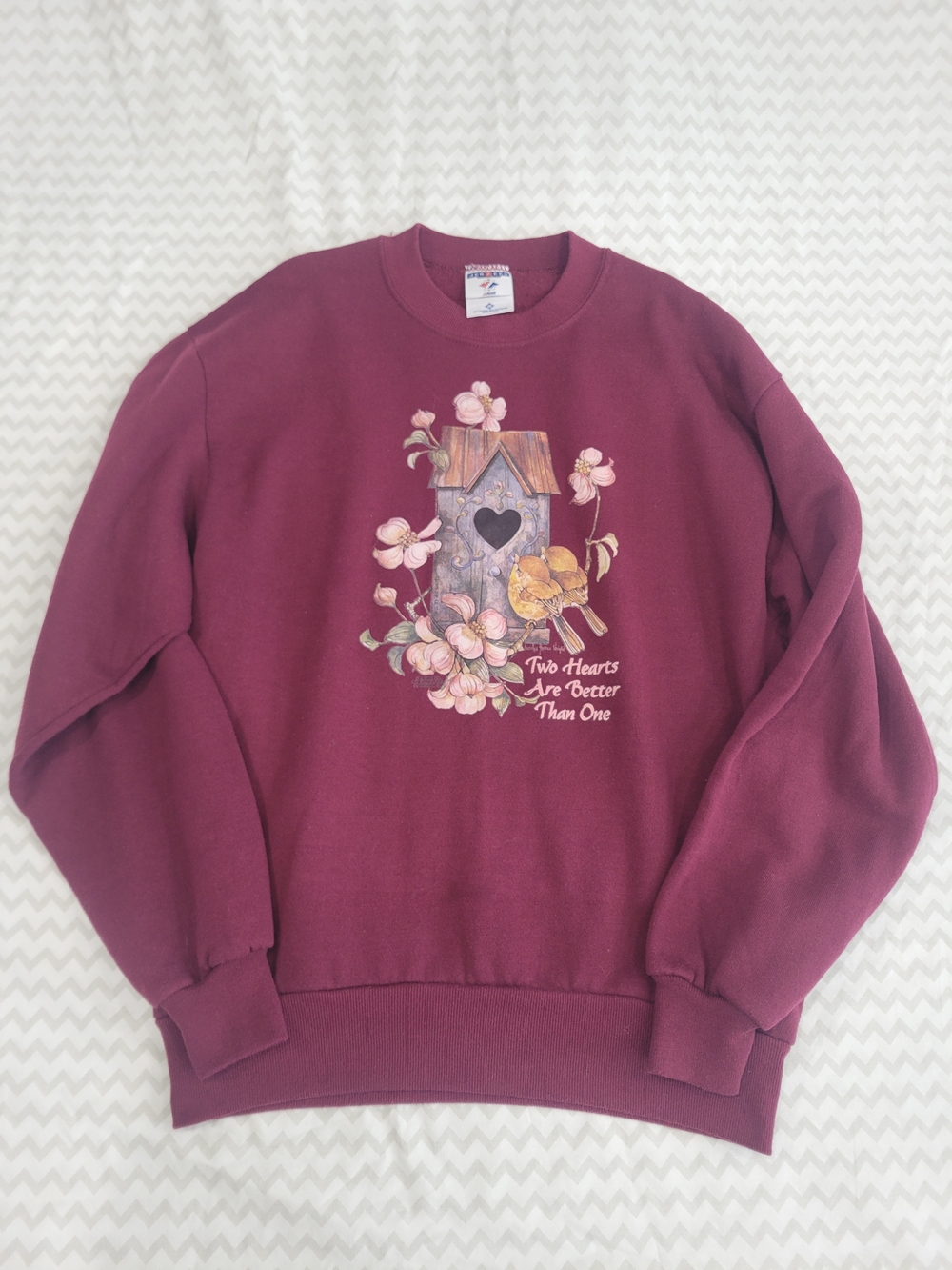 Vintage 90 Jerzees "Two Hearts Are Better Than One" Birdhouse Crewneck Sz Medium